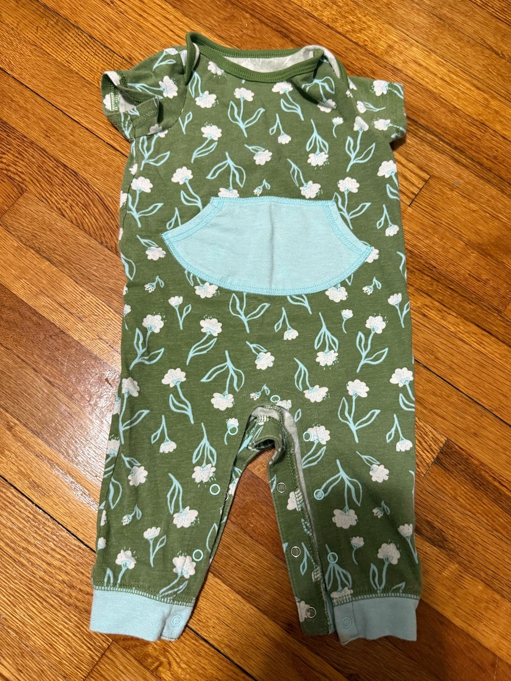 Cat & Jack Olive Green Floral One-Piece with Light Blue Pocket